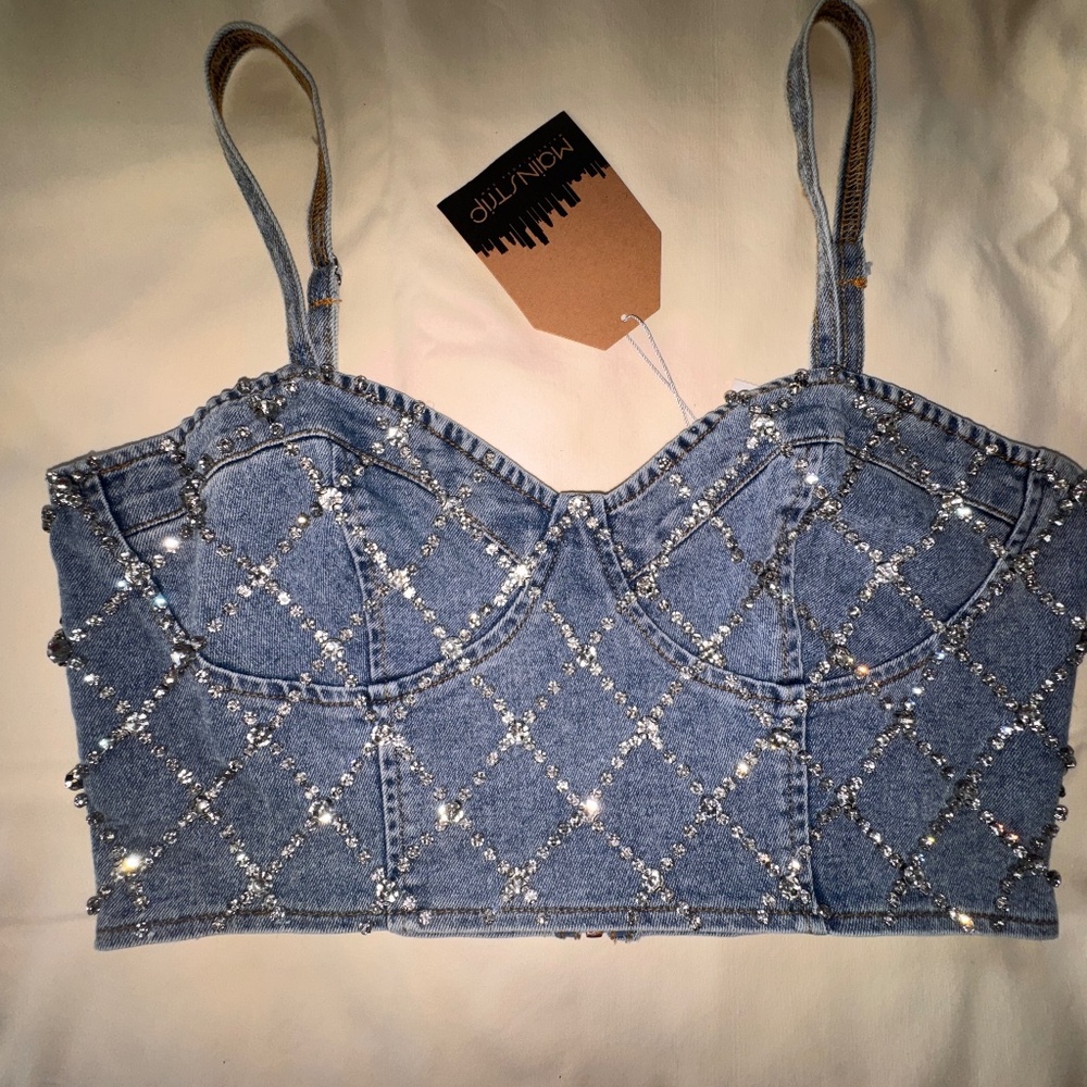 Main Strip Blue Denim Crystal-Embellished Crop Bustier